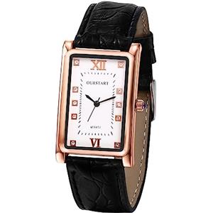 JewelryWe Orologio al Quarzo da Polso Uomo Donna con diamante cinturino Pelle Quadrante Quadrato Numeri Romani Regalo Colore Nero/Marrone