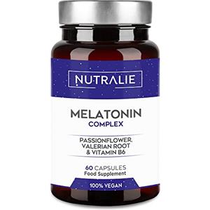 NUTRALIE Melatonina Pura per Dormire Bene - Integratori per Dormire Meglio - Melatonina Forte con Valeriana e B6 - Melatonin Complex ad Alto Dosaggio | 60 Capsule Vegane Nutralie