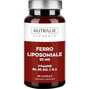 NUTRALIE Ferro Liposomiale 30mg Stanchezza e Affaticamento - Con Vitamina C, B12, Acido Folico, A e B6 - Integratore di Ferro - 60 Capsule Liposomal Iron Nutralie