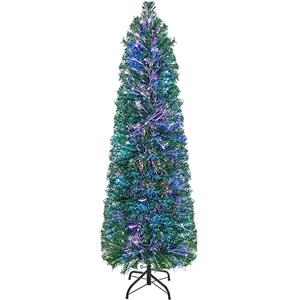 GYMAX 150 cm Albero di Natale Slim, con Luci Fibre Ottiche, 361 Rami in PVC, Folto e Realistico, Base Pieghevole in Metallo, Montaggio Facile, Verde