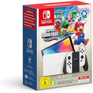 Nintendo Console Switch OLED (bianco) con gioco Super Mario Bros. Wonder preinstallato e abbonamento 12 mesi Switch Online