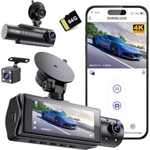 SHRINLUCK X5 4K WiFi 3-Canali Dash Cam Auto, 2160P+1080P+1080P FHD Tripla Dashcam Auto, Telecamera Auto 360° su tutti i lati, Scheda SD 64G Gratuita,G-Sensor,WDR,Visione Notturna,Monitor di Parcheggio