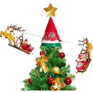 BAKAJI Puntale Rotante con Slitte di Babbo Natale e Renne, Decorazione Addobbo per Albero Luminoso con Luci LED Bianco Caldo, Decorazioni Addobbi Natalizi Musicali Girevoli con Attacco USB