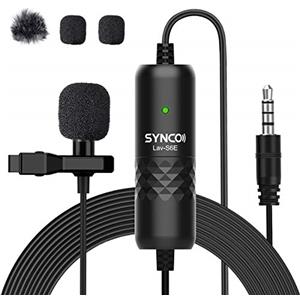 SYNCO Lavalier Microfono Omnidirezionale Clip On Microphone con protezione dal vento, 3,5 mm TRS/TRRS 6 metri per Smartphone Cellulare iPhone Android Huawei Samsung, PC Laptop Camera DSLR Lav-S6E