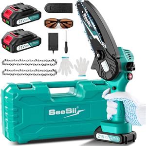 Seesii Mini Motosega a Batteria Portatile, Seesii Sega a Batteria da 6 Pollici con Caricatore, 2 Batterie e Oliatore Automatico, Motosega Elettrica per Giardinaggio, CH610