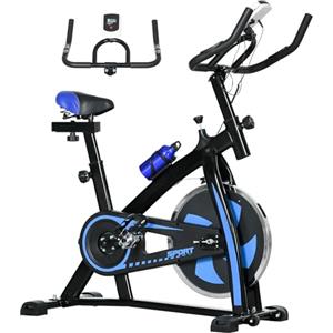 SPORTNOW Cyclette da Casa con Resistenza, Manubrio e Sella Regolabile e Volano 15kg, Cyclette da Camera con Monitor LCD, Portaborraccia e Ruote in Acciaio e ABS, Blu