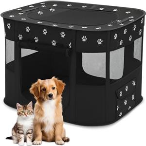 ALLSOPETS Recinto per Cani da Interno Pieghevole, Anche per Esterno, Box Traspirante Portatile per Gatti Conigli Cuccioli con Borsa da Trasporto, per Viaggi e Campeggio (Zampa Nera, L)
