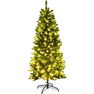 COSTWAY Albero di Natale Slim 150/180/210 cm, Albero di Natale con 150/250/350 Luci LED, 300/743/995 Rami Folti e Base di Metallo, Albero di Natale con Luci Incorporate (150cm)