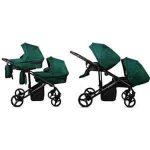 BabyLux® Bambini Passeggino per gemelli Completo Set 2 in 1 - Duo | Bottle Green - incl. Navicella, Canna - Carrozzina Neonati Sistema Combinato - Borsa fasciatoio, Copertura antipioggia, Zanzariera