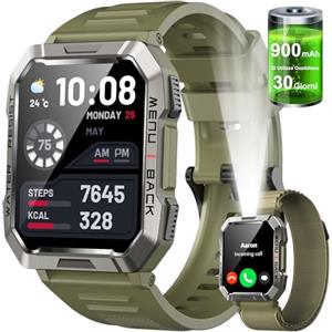 Baolubao Militare SmartWatch Uomo(Rispondi/Effettua Chiamate), Fitness Tracker con Torcia/Bussola/900mAh Batteria /24H Cardiofrequenzimetro/Sonno/ SpO2/100+ Modalità Sport per Android IOS (2 Cinturini)