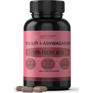 CALIU GUMMY Shilajit Puro | 180 Capsule | 50% Acido Fulvico | 6 mesi | 144000mg | Con Polvere Naturale di Ashwagandha | +85 Minerali | Integratore in Compresse per Uomini con Resina Pura di Shilajit dell'Himalaya