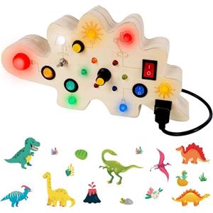JABNOW Giochi Montessori Busy Board, Giochi Bambini 1 2 3 4 Anno in Legno di Dinosauro, Busy Board Montessori con 8 Interruttori e 13 luci LED, Giochi Educativi Giocattolo