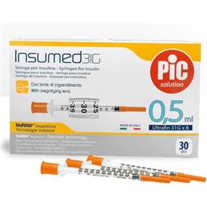 Pic Insumed Siringa Insulina 0,5 ml G30 8 mm - Confezione da 30 Pezzi, Sterile e Monouso