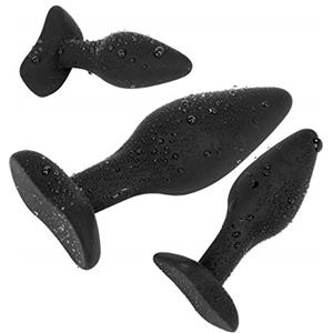 Belmalia 3x Plug Anale Silicone con Supporto, Triplo Set: Ø 30, Ø 40, Ø 45 mm, Dildo per Esperti e Principianti, Butt Plug Nero