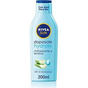 NIVEA SUN Latte Doposole Hydrate 200 ml, Crema doposole con aloe vera bio e acido ialuronico, Crema corpo idratante ad azione rinfrescante e lenitiva