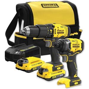 STANLEY FATMAX SFMCK465D2S-QW , Kit batteria Stanley Fatmax V20 18 V - trapano a percussione a batteria, avvitatore a percussione a batteria, 2 batterie al litio da 2,0 Ah, 1 caricatore, borsa