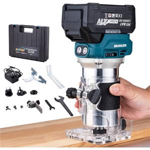 KATSU Tools KATSU FIT-BAT 21V Brushless Fresatrice Verticale senza Fili Rifilatore Router di Legno Laminatore Taglialegna con Base, 4,0Ah Batteria e Caricabatterie, 3 Mandrini Pinze 1/4, 6mm e 8mm