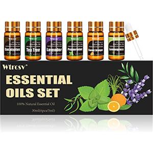 Wtrcsv Set Oli Essenziali - 6 Fragranze x 5ml - Oli Puri Naturali - Oli Essenziali per Diffusore - Aromaterapia, Massaggio - Menta Piperita, Tea Tree, Lavanda, Eucalipto, Citronella, Arancio Dolce