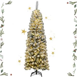 GYMAX Albero di Natale Slim 180 cm, Illuminato con 250 Luci Incorporate a LED, 500 Rami Innevati in PVC, Supporto Pieghevole in Ferro, Divisibile da Montaggio e Trasporto, per Interno/Esterno