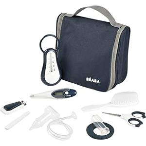 BÉABA Set per la Cura del Bambino, Kit Completo de 9 Accessori, Termometro da Bagno Digitale, Aspiratore nasale, Massaggiatore di Gengive, Borsa da Toilette da Viaggio, Blu notte