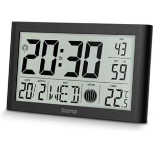 Hama Orologio da parete digitale (DCF radiocontrollato con termometro, orologio con funzione sveglia, 2 sveglie, visualizzazione di calendario, giorno della settimana, fasi lunari, base pieghevole,