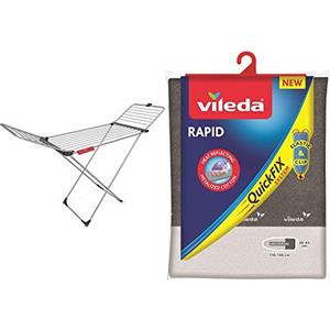 Vileda Aluminium 100 Stendibiancheria a Cavalletto in Alluminio, con Ali Laterali & 142473 Rapid Copriasse da Stiro Universale, in Cotone e Alluminio, Termoriflettente, con Fermacorda