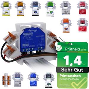 Printtastisch - Supporto per guida guida per Shelly Relè, 1 Mini Gen3, 1PM, 1PM Mini Gen3, 2PM, 2.5, RGBW2, PM, Plus i4 DC, Dimmer 2, Guida DIN Rail, inserto Wago, 1 pezzo + estensione