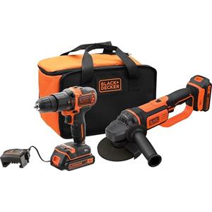 BLACK+DECKER, Trapano avvitatore a percussione 18V e smerigliatrice angolare 18V in softbag, con due batterie 2Ah e caricabatterie. BCK24D2S-QW