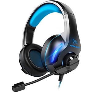 YINSAN Cuffie Gaming con Microfono per PS5 PS4 PC Xbox One Nintendo Switch Xbox, Cuffie da Gioco Cablate Over Ear con Cancellazione del Rumore, Stereo Bass Deep, LED Luce, Leggero, Blu