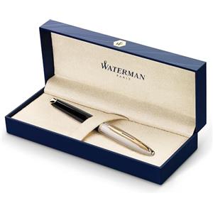 Waterman Carène Deluxe Penna Stilografica, Pennino Sottile con Cartuccia di Inchiostro Blu, Nero Lucido con Clip Dorata 23 Carati e Placcata in Argento, Confezione Regalo