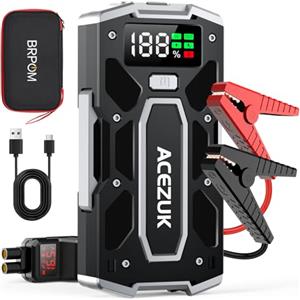 ACEZUK Avviatore Batteria Auto, 6000A Avviatore di Emergenza per Auto/Moto(10.0L Gas or 8.0L Diesel) Starter Batteria Auto Portatile Jump Start con LED/LCD Booster Avviamento Auto