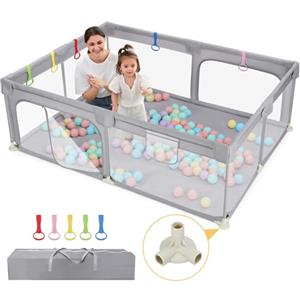 Dripex Box Bambini 150 x 200 cm, Recinto per Bambini 300D Oxford tessuto, Box per Bambini con rete traspirante, Box Giochi per Bambini, 5 Pezzi Anelli, Box Neonato, Grigio