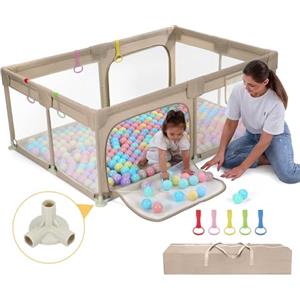 Dripex Box Bambini 120 x 180 cm, Recinto per Bambini con Tessuto di lino, Box per Bambini con rete traspirante, Box Giochi per Bambini, 5 Pezzi Anelli, Box Neonato, Marrone