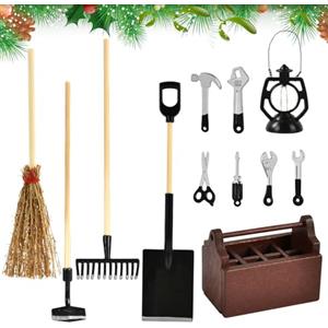 XIABYAYU Attrezzi in Miniatura, 12 Pcs Giardino in Miniatura Decorazioni, Accessori Casa delle Bambole in Miniatura, Cassetta Degli Attrezzi in Legno in Miniatura per Casa delle Bambole