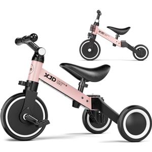 XJD Triciclo 3 in 1 per bambini e ragazze da 10 a 36 mesi senza pedali per bambini con regolabile sedile manubrio e pedali smontabili 1 anno regalo di compleanno (3 en 1 - Clásico, rosa)