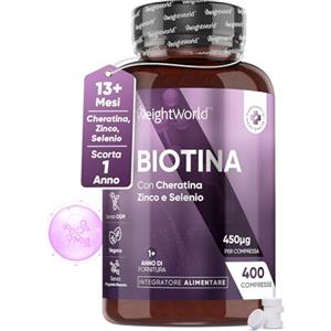 WeightWorld Biotina Capelli + Cheratina + Selenio + Zinco 400 Micro-Compresse (13+ Mesi) Vitamina B7 per Pelle, Unghie, Capelli, Biotina Integratore Alto Dosaggio + Zinco Selenio Cheratina Senza Magnesio Stearato