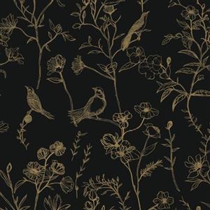 Fiula Carta Da Parati Autoadesiva, 41 Cm X 300 Cm, Motivo Uccelli, Fiori, Colore Nero E Oro, Foglie, Pellicola Adesiva Per Mobili Vintage, Pellicola Decorativa In Vinile Per Soggiorno E Fiori,