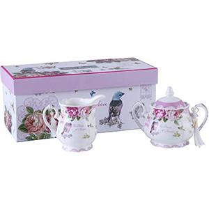 London Boutique - Set in porcellana con teiera, zuccheriera e lattiera in stile vintage floreale shabby chic, con confezione regalo (set di cremiera e zuccheriera con uccellino, rose, farfalle)