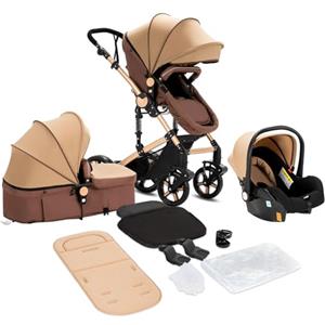 Sianldcone Passeggino 3 in 1 Trio Neonati, Tessuti di Alta Qualità Carrozzina per Neonato, Spinta Bidirezionale Passeggino Reversibile, Visione Aperta Passeggino Trolley (588 Khaki)