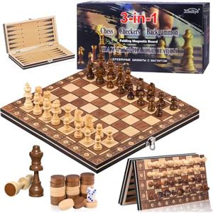 HOVIBU 3 in 1 Scacchiera Magnetica in Legno, Pieghevole Scacchi e Dama Magnetici, Scacchiera Portatile per Bambini e Adulti Feste Attività di Famiglia