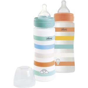 Chicco Set 2 Biberon Benessere Flusso Veloce 330 ml, con Tettarella Physio in Morbido Silicone e Finitura Soft Sense, Anticolica, in Plastica, 4 Mesi+, Bimbo, Azzurro e Arancione