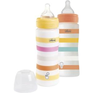 Chicco Set 2 Biberon Benessere Flusso Veloce 330 ml, con Tettarella Physio in Morbido Silicone e Finitura Soft Sense,Anticolica, in Plastica, 4 Mesi+, Bimba, Rosa e Arancione