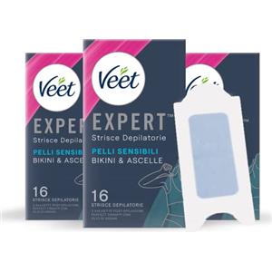 Veet Expert Strisce Depilatorie Ascelle e Zona Bikini, Ceretta per Pelli Sensibili con Olio di Mandorla, Dermatologicamente Testate, 48 Strisce (24x2 Strisce) + 9 Salviette Post-Epilazione