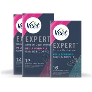 Veet Expert Mix Strisce Depilatorie, Ceretta Gambe e Corpo per Pelli Normali (24 Strisce) e Ceretta Ascelle e Zona Bikini per Pelli Sensibili (16 Strisce) + 7 Salviette Post-Epilazione