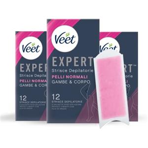 Veet Expert Strisce Depilatorie Gambe e Corpo, Ceretta per Pelli Normali con Burro di Karitè, Dermatologicamente Testate, 36 Strisce (18x2 Strisce) + 6 Salviette Post-Epilazione con Olio D'Argan