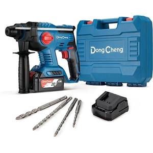 Dong Cheng DongCheng - Martello perforatore a batteria da 18 V, energia a percussione 2.1 J, con 4 pezzi SDS-plus, foratura fino a 28 mm, motore senza spazzole, manico anti-vibrazione, batterie da 4 Ah e