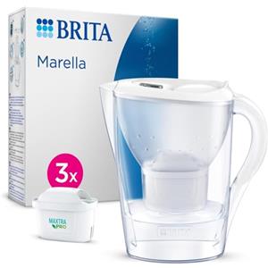 BRITA Caraffa filtrante Marella bianca (2.4L) incl. 3 x filtri MAXTRA PRO All-in-1 che riduce cloro, calcare e PFAS - Adatta al frigo, Memo digitale e riempimento comodo - in confezione sostenibile
