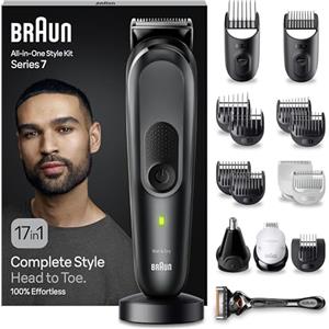 Braun REGOLABARBA UOMO, Tagliacapelli Uomo, Rasoio Elettrico Barba e Capelli, 17-in-1 Styling Kit per Barba, Capelli, Corpo, Naso e Orecchie, 100 Minuti Di Utilizzo, Idea Regalo, MGK7491 Nero