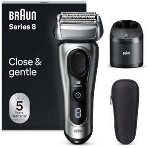 Braun Series 8, Rasoio Elettrico Barba, Regolabarba Uomo, Rifinitore Di Precisione, Custodia Viaggio, Stazione SmartCare, Batteria Litio Ion, 100% Impermeabile, Idea Regalo, 8567cc Argento