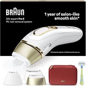 Braun Silk·expert Pro 5 Epilatore LUCE PULSATA, Epilazione A Casa, Alternativa All'Epilazione laser, Con Custodia, Rasoio Donna Venus, 3 Testine, Idea Regalo, Bianco/Oro, PL5262